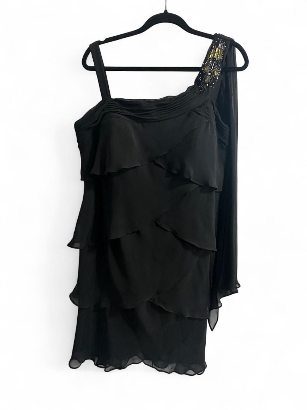 One-Shoulder Black Layered Chiffon Evening Dress with Beaded Accent